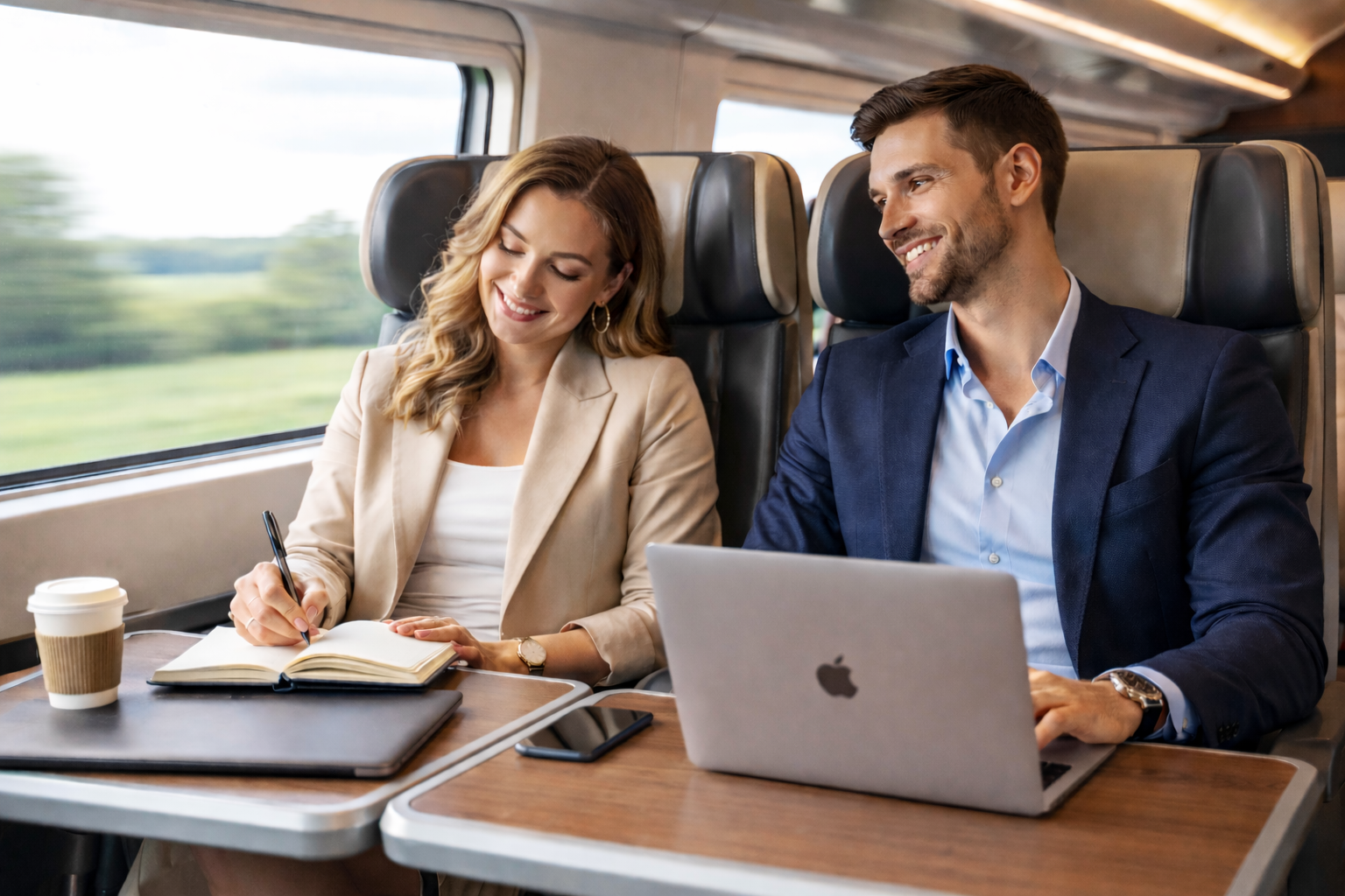 Deux entrepreneurs travaillant ensemble dans un train premium